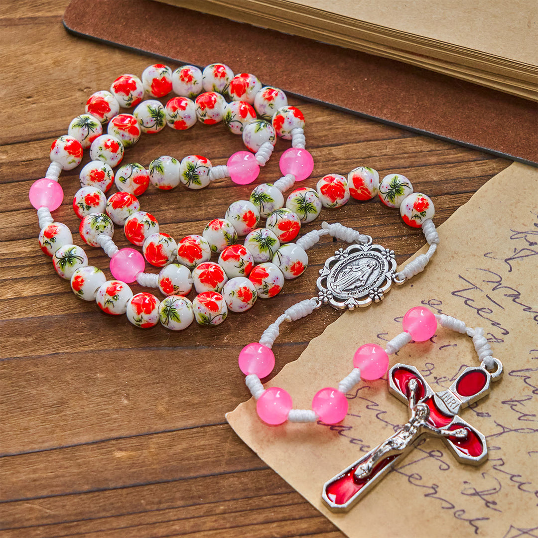 Christianartworkshop 8mm Round Flower Beads Rosary with Miraculous Medal & Red Enamel Crucifix