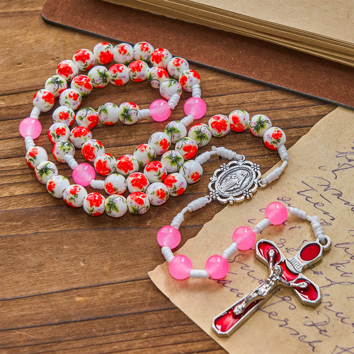 Christianartworkshop 8mm Round Flower Beads Rosary with Miraculous Medal & Red Enamel Crucifix