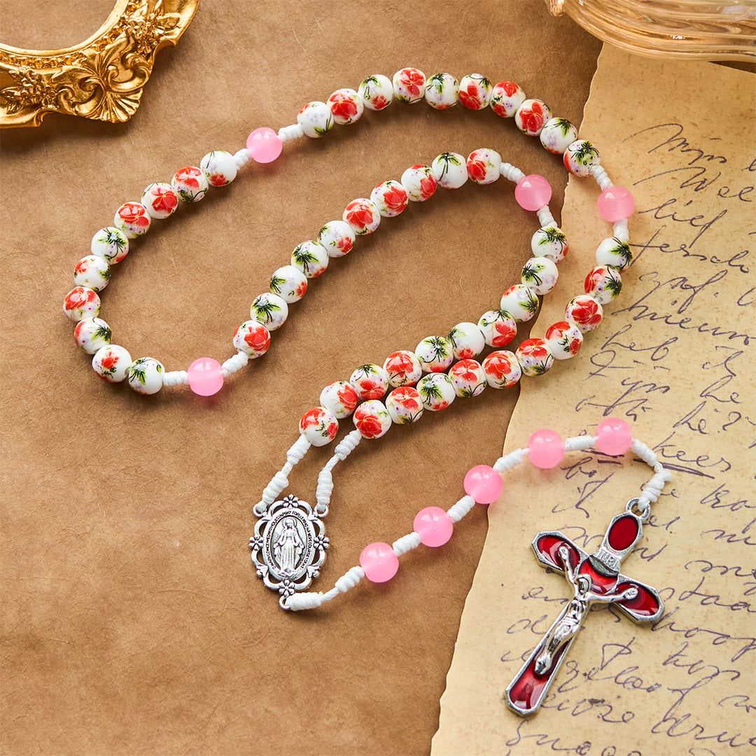 Christianartworkshop 8mm Round Flower Beads Rosary with Miraculous Medal & Red Enamel Crucifix