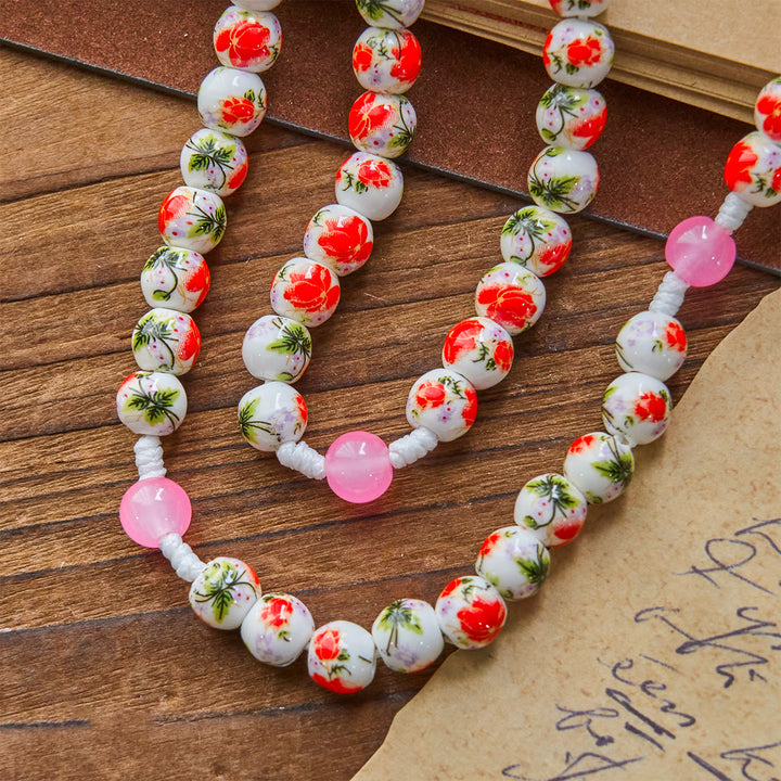 Christianartworkshop 8mm Round Flower Beads Rosary with Miraculous Medal & Red Enamel Crucifix