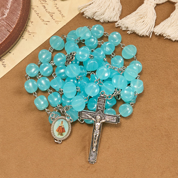 Christianartworkshop Rose Alloy Chain Blue Cube Beads Rosary with Our Lady Icon & Crucifix - image 1