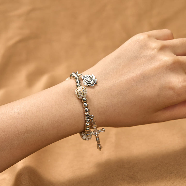 Christianartworkshop Artistically Sculpted 10mm White Rose Bead Rosary Bracelet with Crucifix - image 7