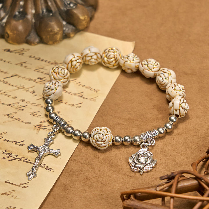 Christianartworkshop Artistically Sculpted 10mm White Rose Bead Rosary Bracelet with Crucifix - Rose - image 0