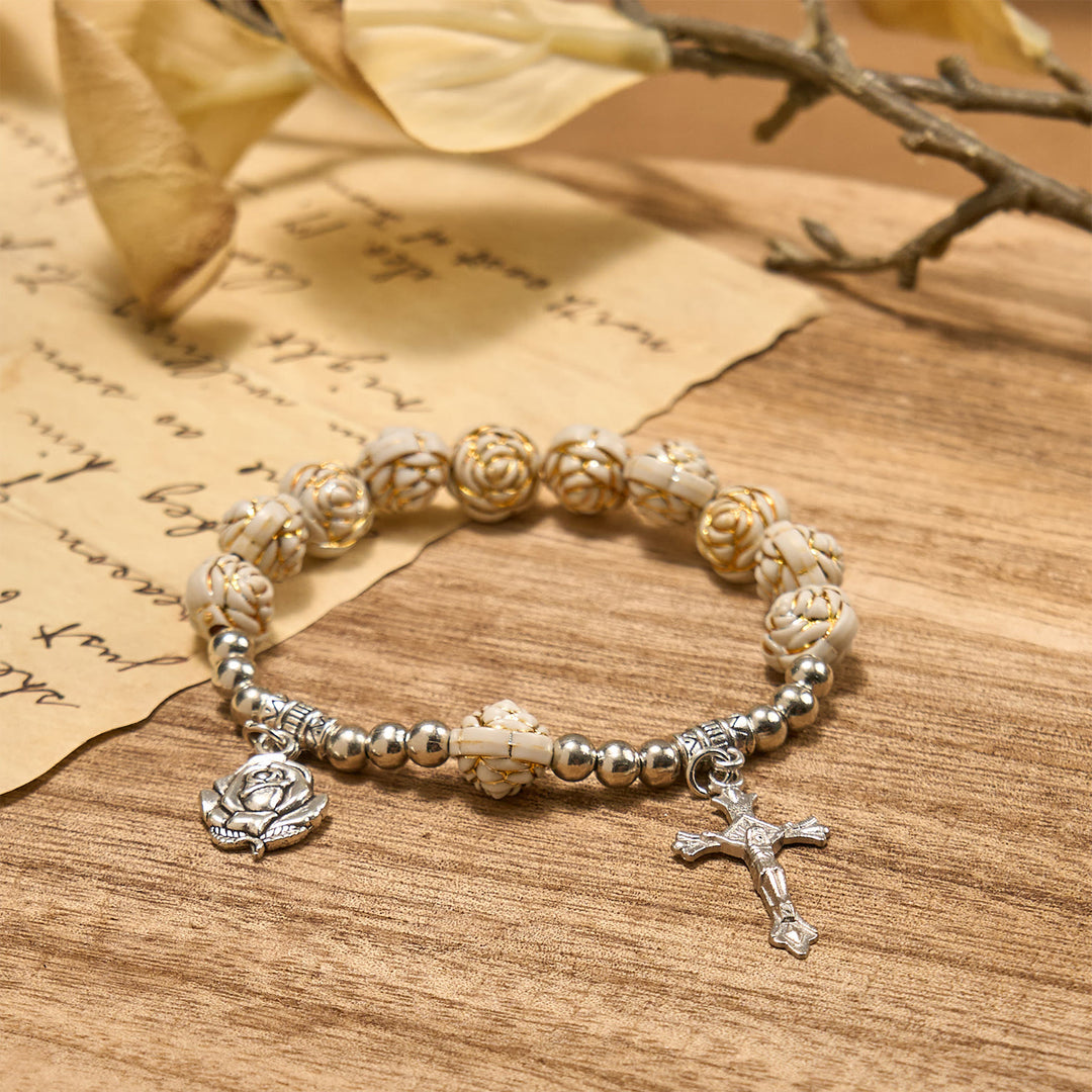 Christianartworkshop Artistically Sculpted 10mm White Rose Bead Rosary Bracelet with Crucifix - image 4