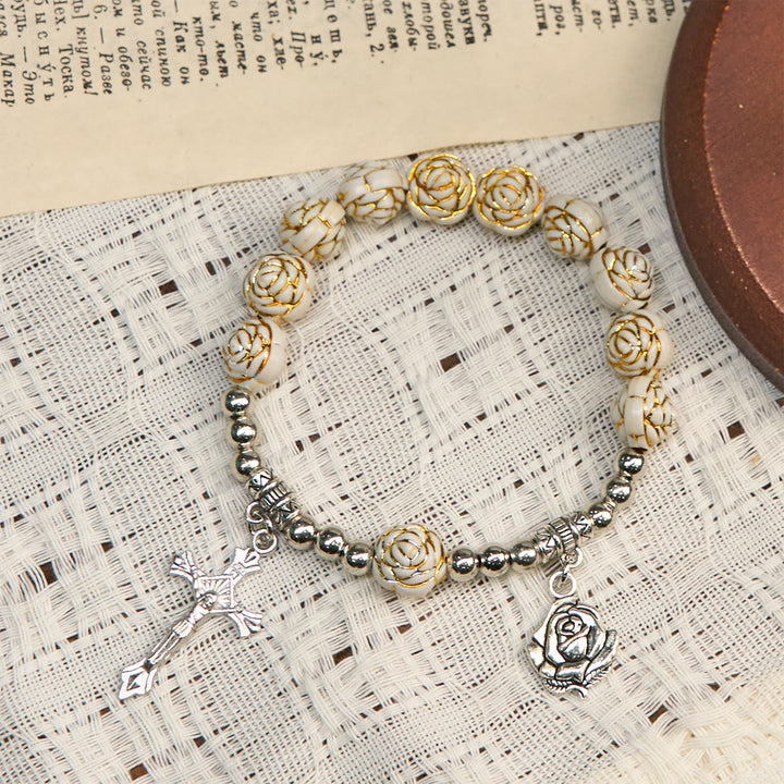 Christianartworkshop Artistically Sculpted 10mm White Rose Bead Rosary Bracelet with Crucifix - image 2