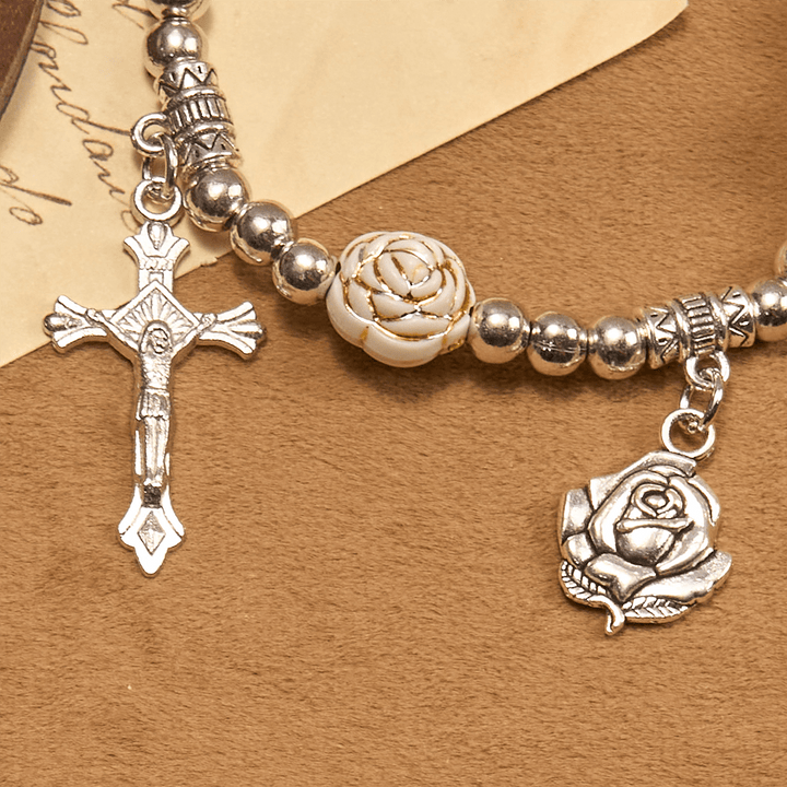 Christianartworkshop Artistically Sculpted 10mm White Rose Bead Rosary Bracelet with Crucifix - image 5