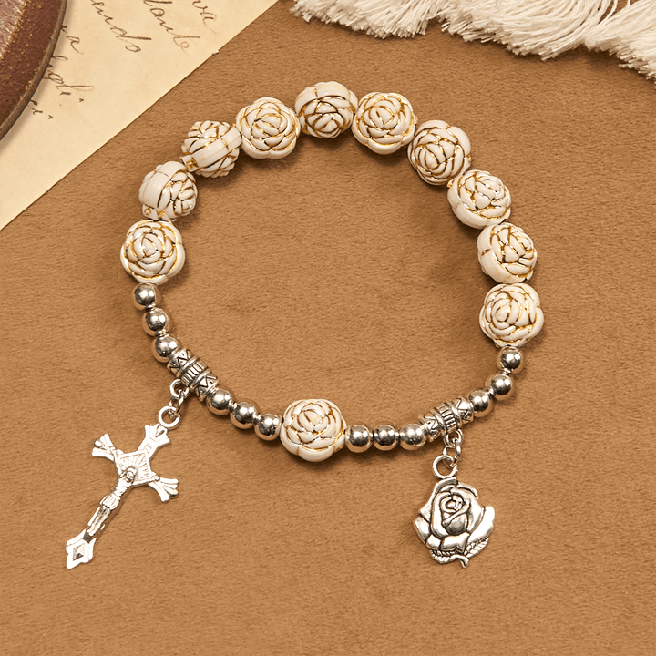 Christianartworkshop Artistically Sculpted 10mm White Rose Bead Rosary Bracelet with Crucifix - image 3
