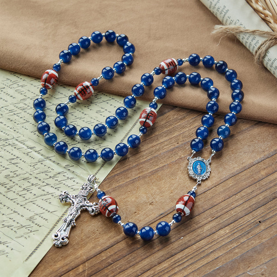 Christianartworkshop Sports Prayer Football Dark Blue Beads Rosary with Miraculous Medal & Crucifix: Unite Faith and Sport - Sports Prayer - image 1