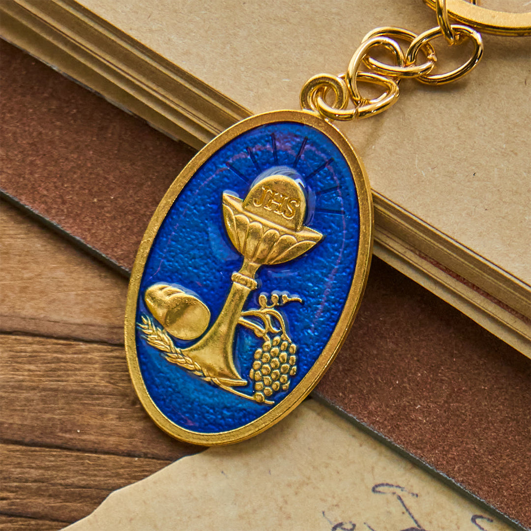 Christianartworkshop Red & Blue Holy Grail Chalice Medal Keychain: Inspired Religious Token - Blue - image 1