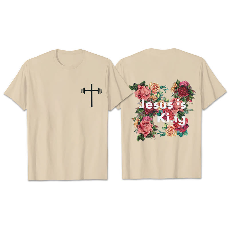Christianartworkshop Floral Embellished Jesus is King Christian T-Shirt  - Beige - 2XL - image 9