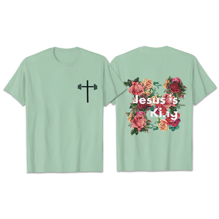 Christianartworkshop Floral Embellished Jesus is King Christian T-Shirt  - Light Green - 2XL - image 20