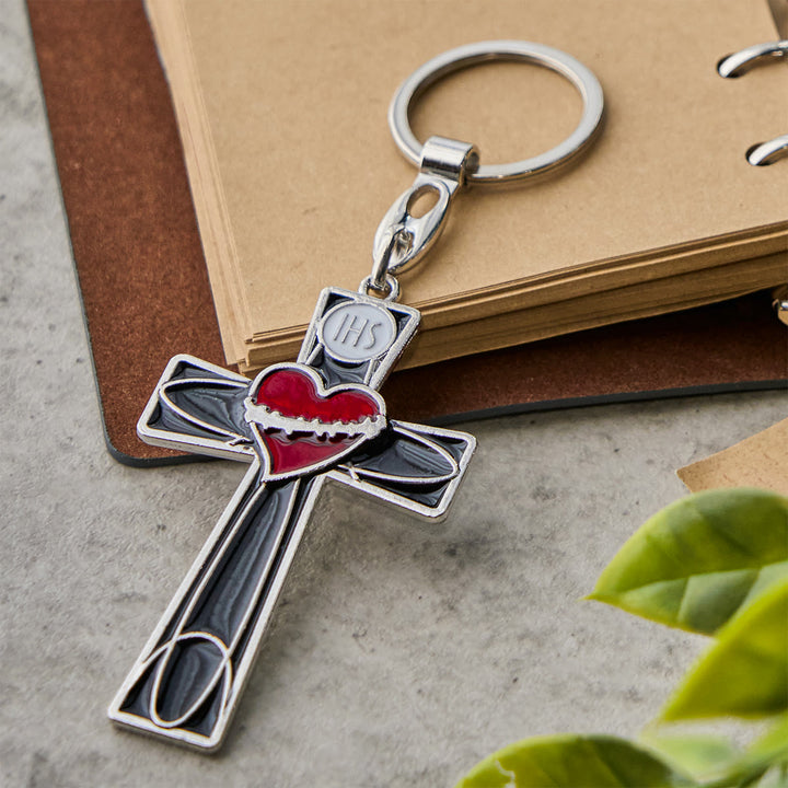 Christianartworkshop Sacred Heart & Pax Cross Enamel Tricolor Keychain: Timeless Spiritual Design - Black Cross - image 3