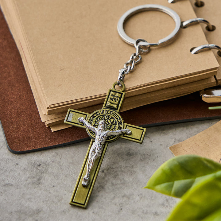 Christianartworkshop Two Tone St. Benedict & INRI Crucifix Keychain: Antique Religious Tokens - image 4