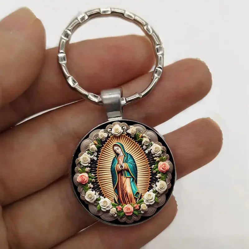 Christianartworkshop Elegant Virgin Mary Pendant Keychain: Medal of Faith and Floral Beauty - image 4