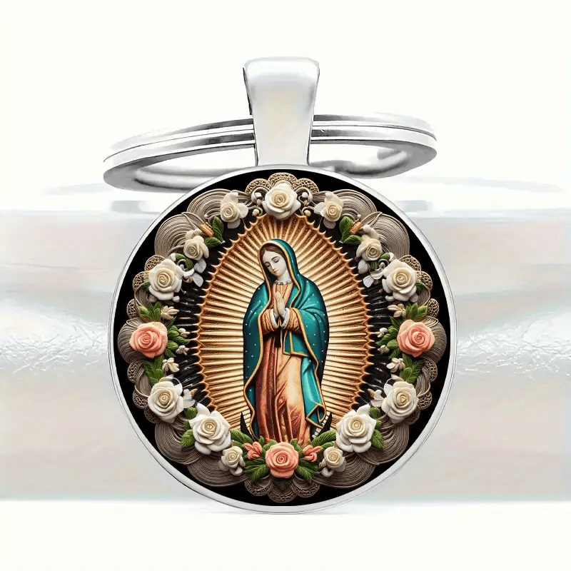 Christianartworkshop Elegant Virgin Mary Pendant Keychain: Medal of Faith and Floral Beauty - image 2