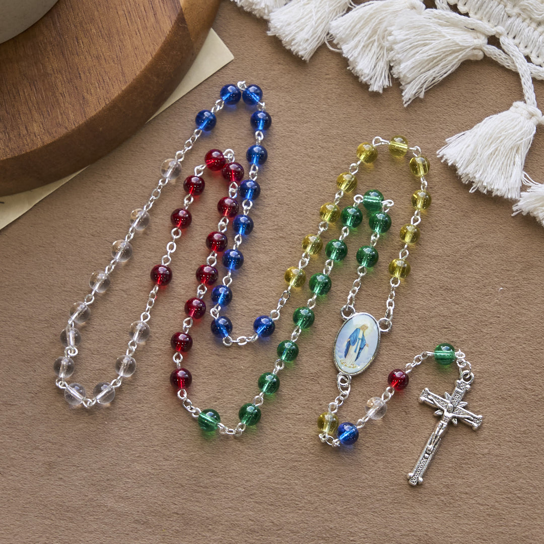 Christianartworkshop Holy Virgin Mary Pendant and Crucifix of 6mm Transparent Multicolor Rainbow Beads Rosary - image 2