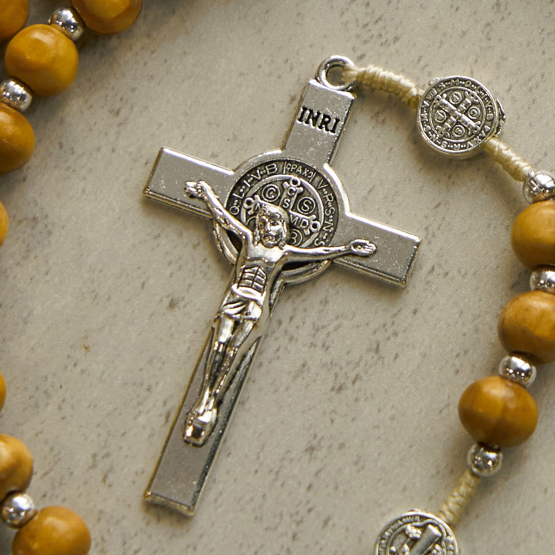 Christianartworkshop St. Benedict Pendant & INRI Crucifix of 8mm Brown Wooden Beads Hemp Cord Rosary