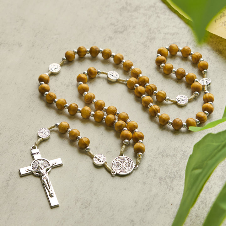 Christianartworkshop St. Benedict Pendant & INRI Crucifix of 8mm Brown Wooden Beads Hemp Cord Rosary