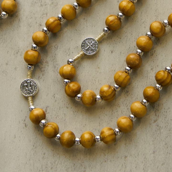 Christianartworkshop St. Benedict Pendant & INRI Crucifix of 8mm Brown Wooden Beads Hemp Cord Rosary