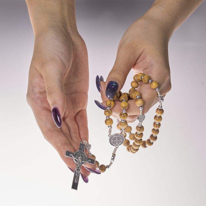Christianartworkshop St. Benedict Pendant & INRI Crucifix of 8mm Brown Wooden Beads Hemp Cord Rosary