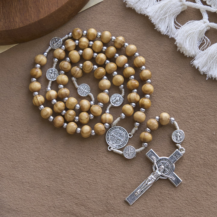 Christianartworkshop St. Benedict Pendant & INRI Crucifix of 8mm Brown Wooden Beads Hemp Cord Rosary