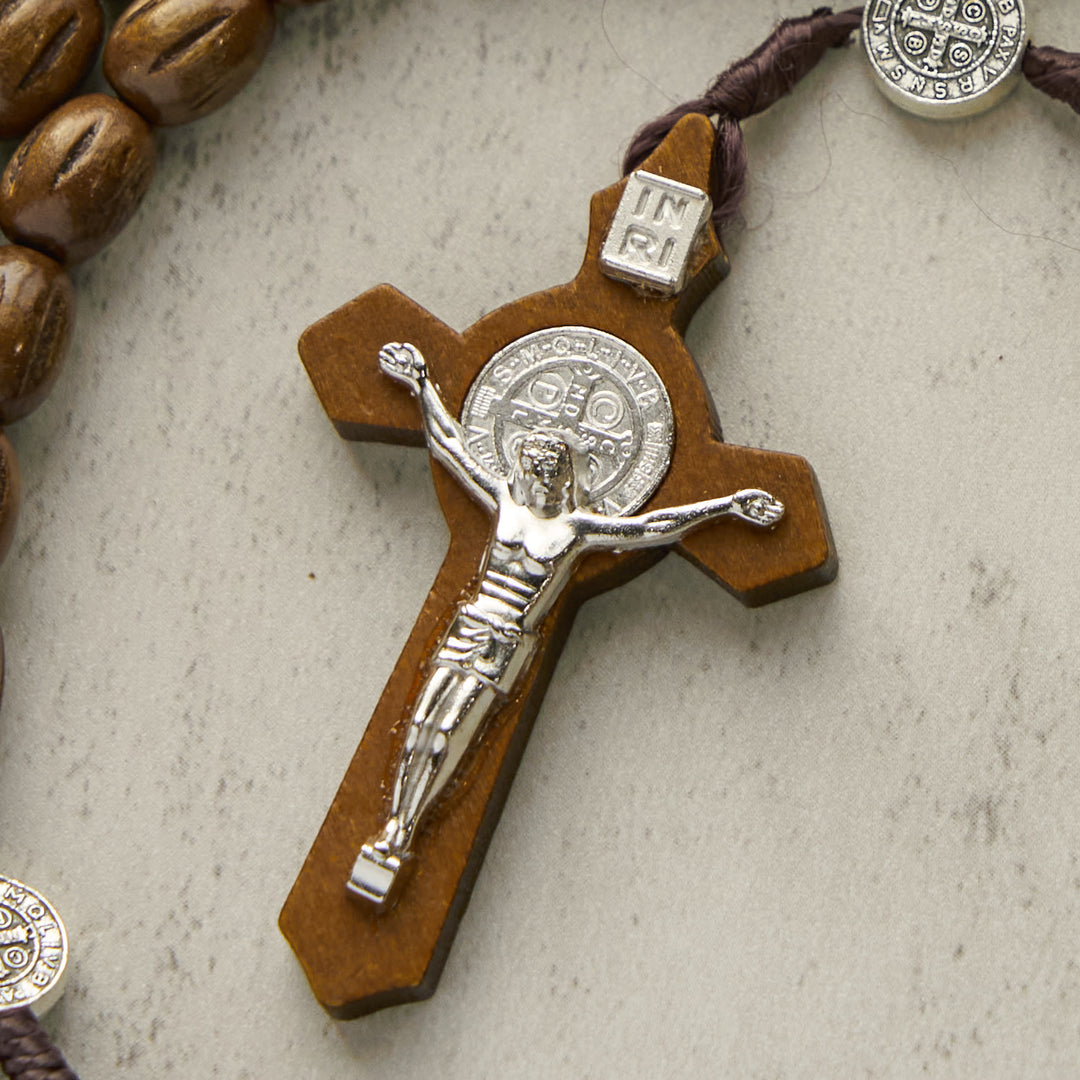 Christianartworkshop Retro Style 10mm Matte Brown Rosary with St. Benedict Charm & INRI Crucifix Rosary