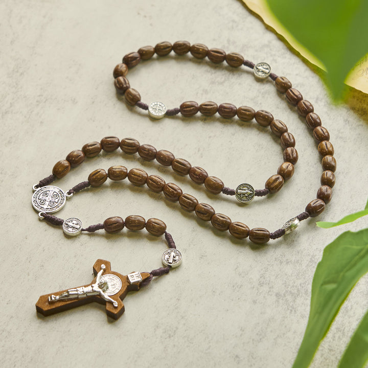 Christianartworkshop Retro Style 10mm Matte Brown Rosary with St. Benedict Charm & INRI Crucifix Rosary
