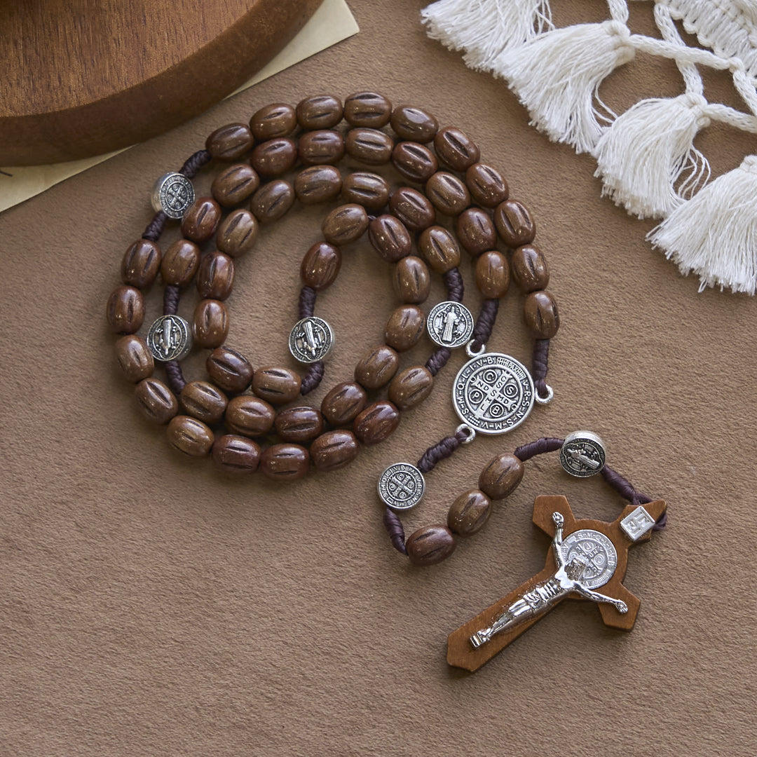 Christianartworkshop Retro Style 10mm Matte Brown Rosary with St. Benedict Charm & INRI Crucifix Rosary
