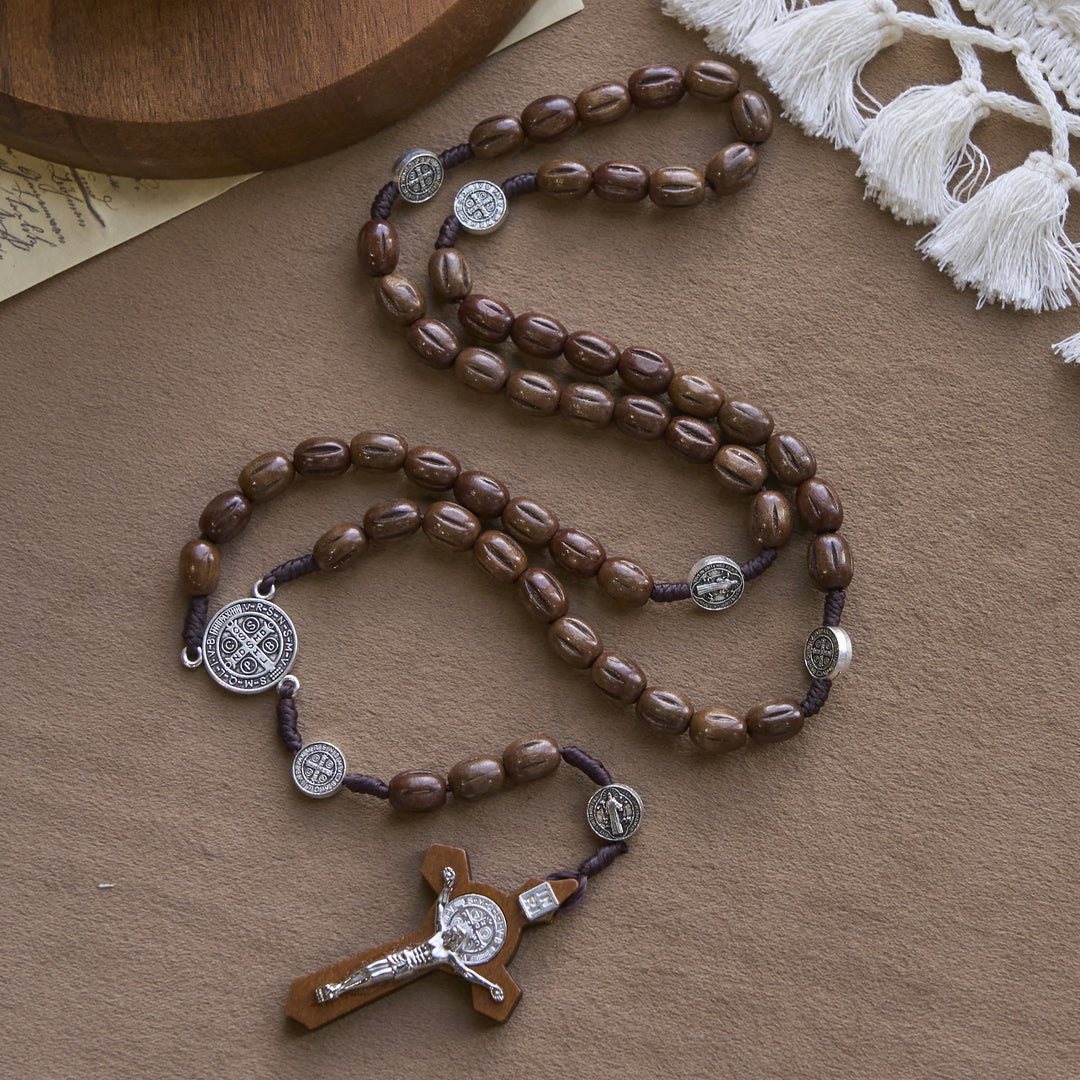 Christianartworkshop Retro Style 10mm Matte Brown Rosary with St. Benedict Charm & INRI Crucifix Rosary