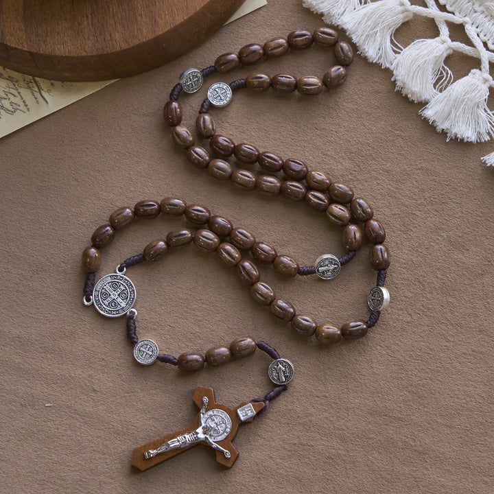 Christianartworkshop Retro Style 10mm Matte Brown Rosary with St. Benedict Charm & INRI Crucifix Rosary