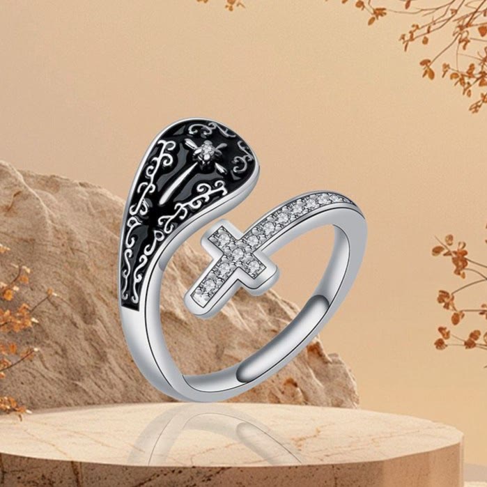 Christianartworkshop Classic Adjustable Artisan Faith Cross Ring with Baroque Patterns and Black Inlay - Adjustable(Suitable for US sizes 5.5-6.5) - image 0