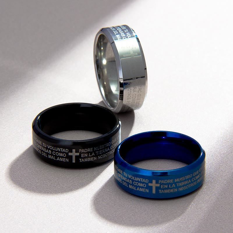 Christianartworkshop Minimalist 8mm Holy Verse Tri-Color Ring with Cross Motif: Wear Your Faith - UK Size L1/2 (US 6) - Blue - image 0
