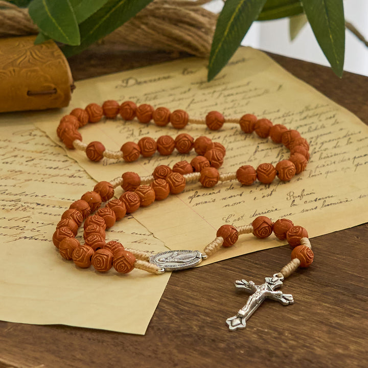 Christianartworkshop Carved Amber Floral Rose Beads Rosary with Miraculous Medal: Bloom of Devotion