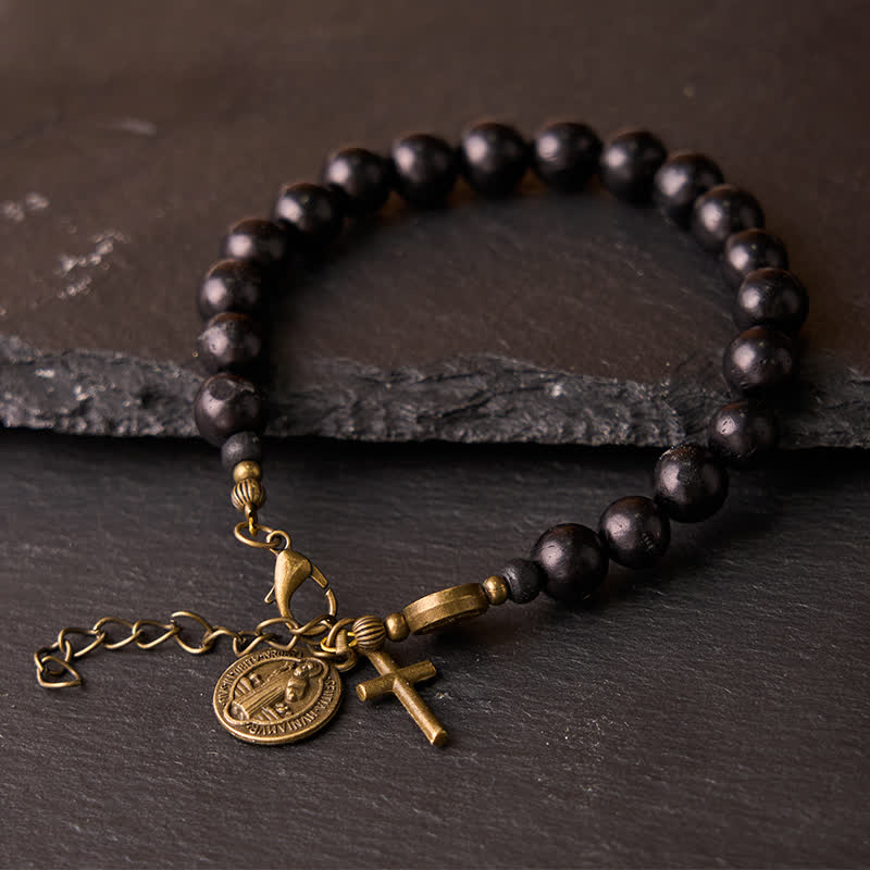Christianartworkshop Ebony Beads St. Benedict the Blessed Protection Bracelet - Wrist Circumference: 6.29''-7.48''/16-19cm - image 0