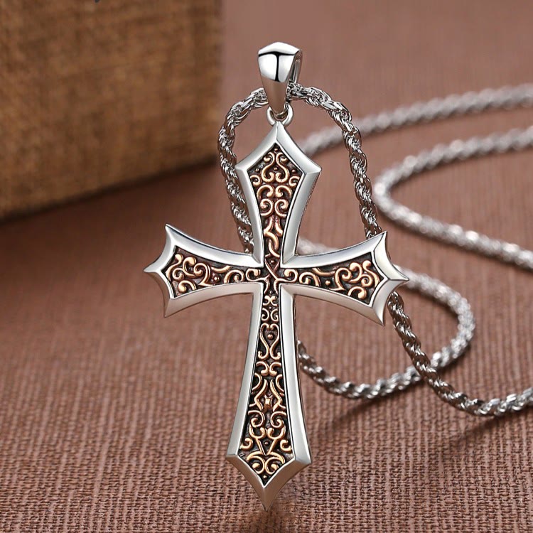 Christianartworkshop S925 Sharp Edge Cross Necklace with Vintage Amber Baroque Scroll Accents - Cross - image 0