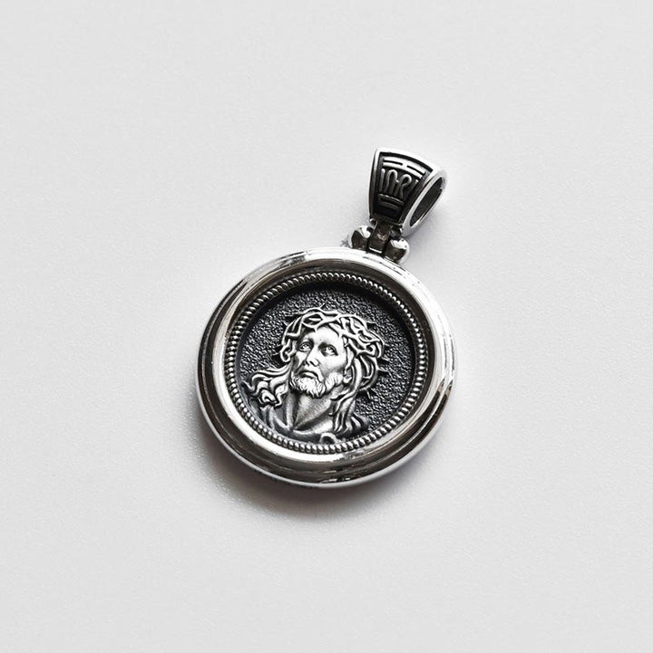Christianartworkshop Sterling Dual-Face Medal Necklace with Crown of Thorns & Our Lady of Sorrows - Our Lady & Jesus - image 0