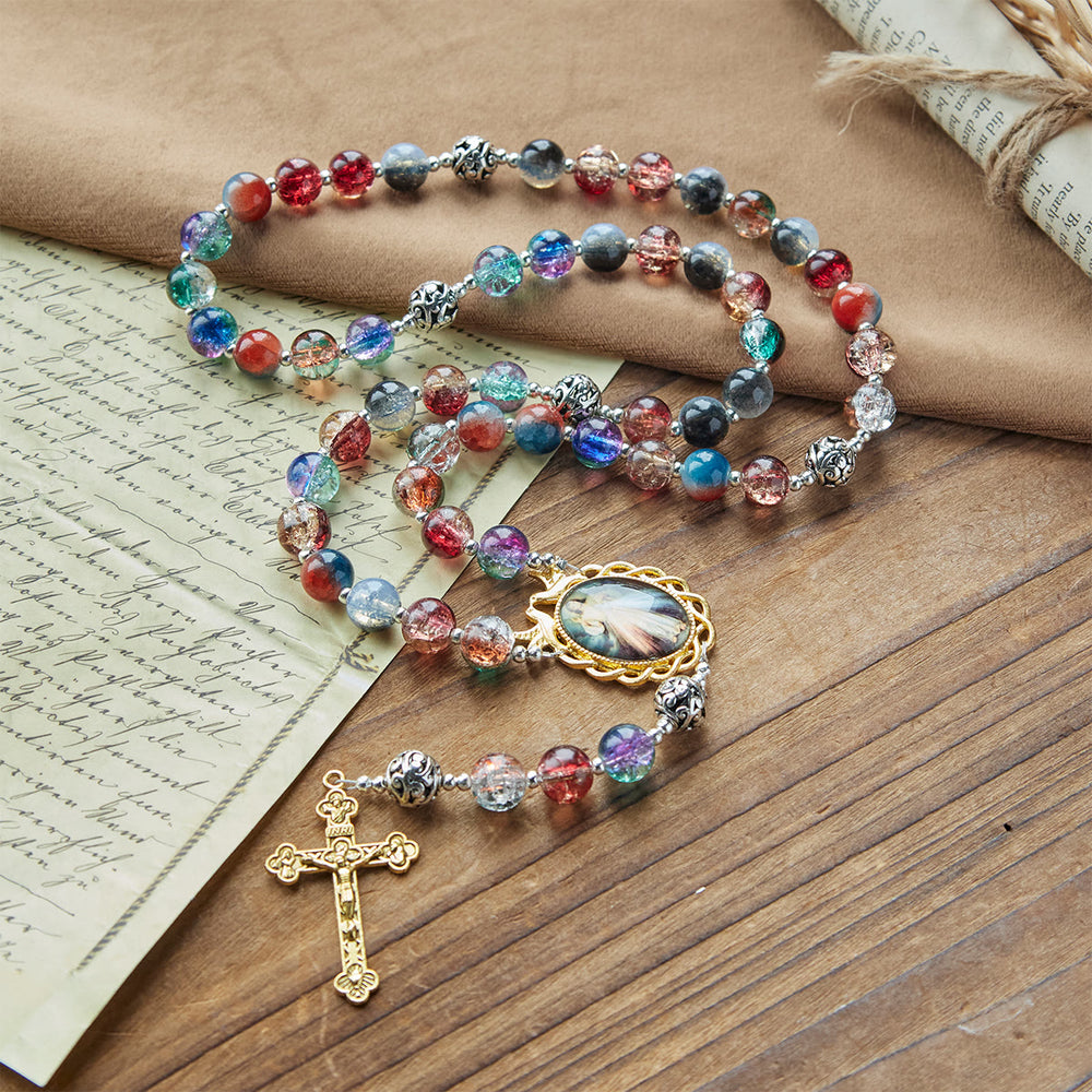 Christianartworkshop Gradient Multicolor Glass Bead & Brass Crucifix Rosary with Divine Mercy Medal - image 1