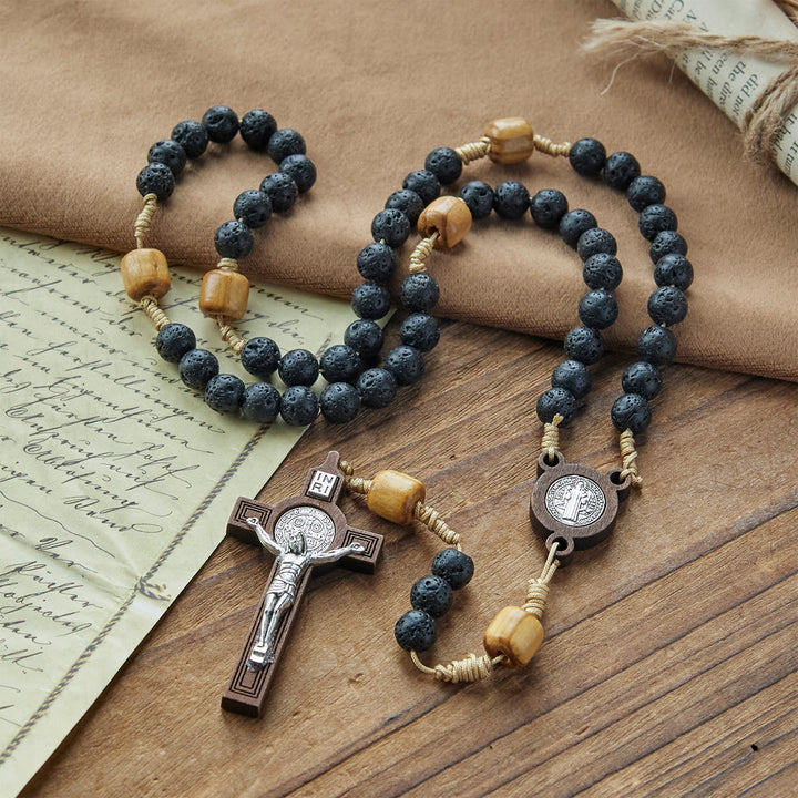 Christianartworkshop Natural Durable Volcanic Stone Rosary with St. Benedict Medal & Crucifix