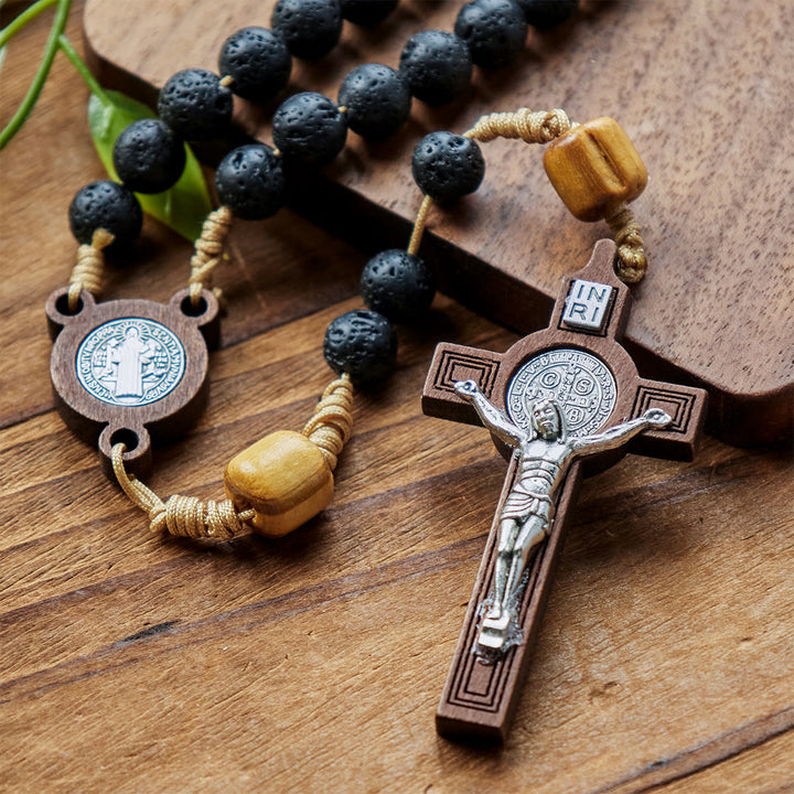 Christianartworkshop Natural Durable Volcanic Stone Rosary with St. Benedict Medal & Crucifix