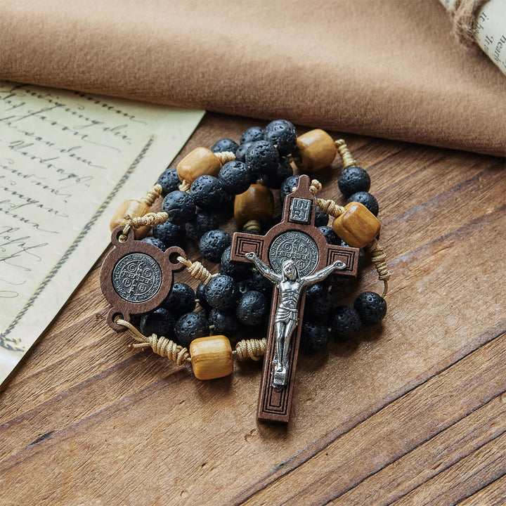 Christianartworkshop Natural Durable Volcanic Stone Rosary with St. Benedict Medal & Crucifix