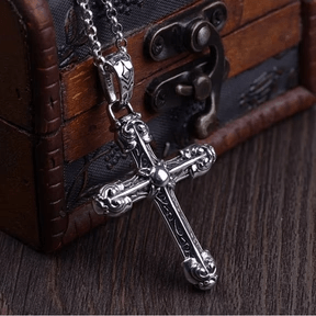 Christianartworkshop Thick Solid Sterling Silver Ornate Sword Cross Necklace with Gothic Scrolls - S925 - image 0