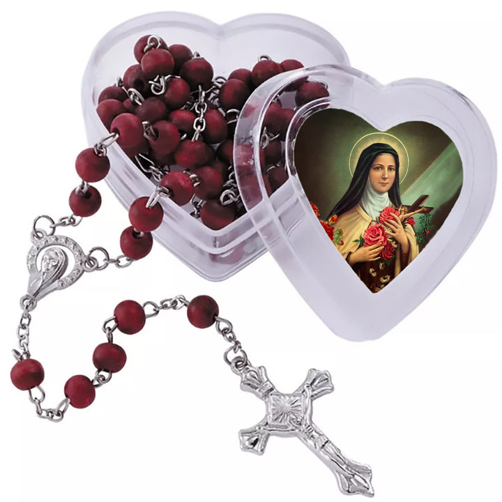 Christianartworkshop Wine Red Beads Rosary with Our Lady & Crucifix in St. Therese Heart-Shaped Box - image 4