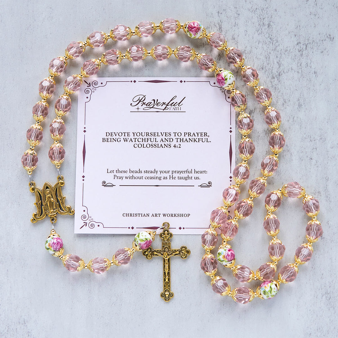 Christianartworkshop Jesus Is The Gift: Pink Crystal Beads Crucifix & Virgin Mary Rosary with Gift Card - PRAYERFUL FAITH - image 2