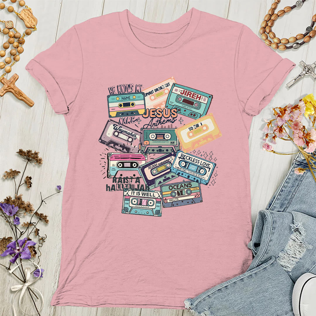Christianartworkshop Jesus Anthems with Colorful Cassettes Soft Christian Women's T-shirt - Pink - 4XL - image 4