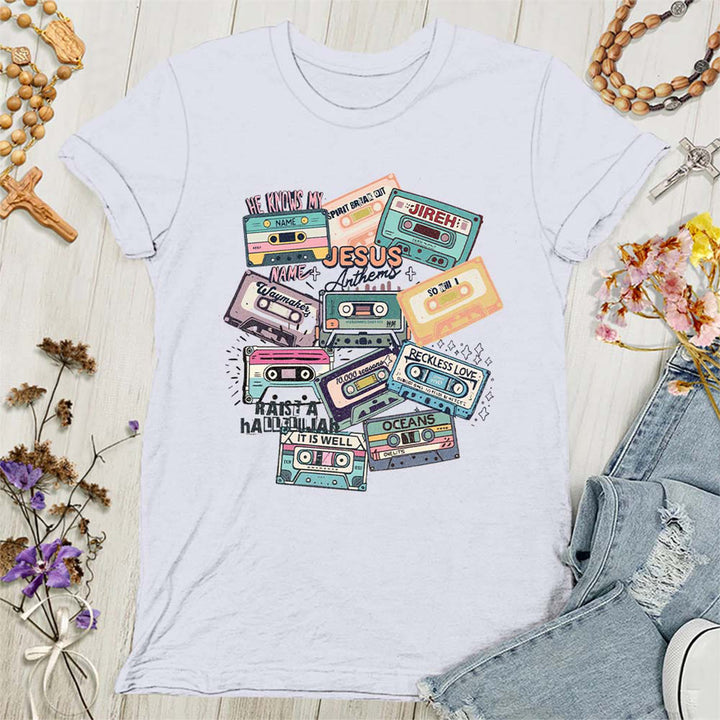 Christianartworkshop Jesus Anthems with Colorful Cassettes Soft Christian Women's T-shirt - White - 4XL - image 2