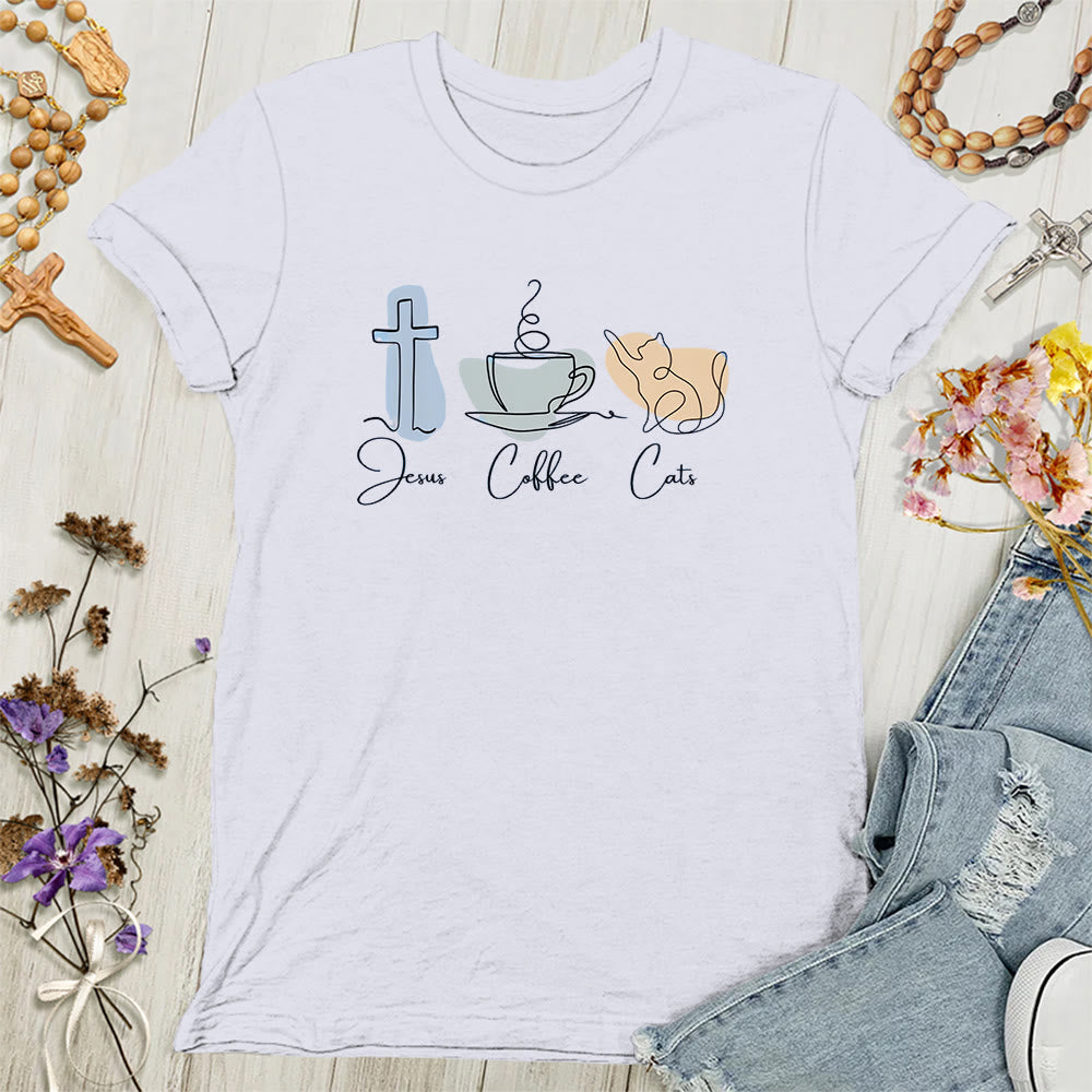 Christianartworkshop Jesus Coffee Cats Soft Christian Women's T-shirt - White - 4XL - image 0