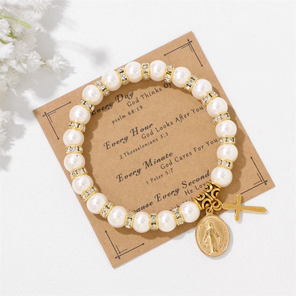Christianartworkshop PRAYERFUL FAITH: Elegant Miraculous Medal White Bracelet with Bible Verse Card - Stretch Bracelet (Wrist Circumference: 6.3"-7.5"/16-19cm) - image 4