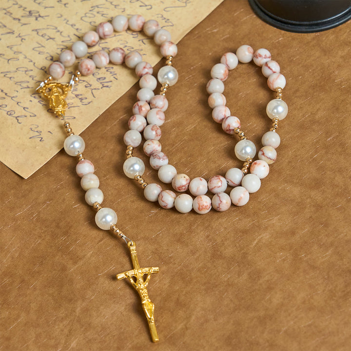 Christianartworkshop Matte Pink Zebra Jasper and Pearl Rosary with Miraculous Medal and Crucifix