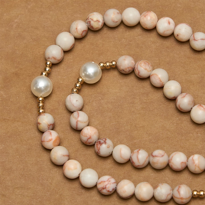 Christianartworkshop Matte Pink Zebra Jasper and Pearl Rosary with Miraculous Medal and Crucifix