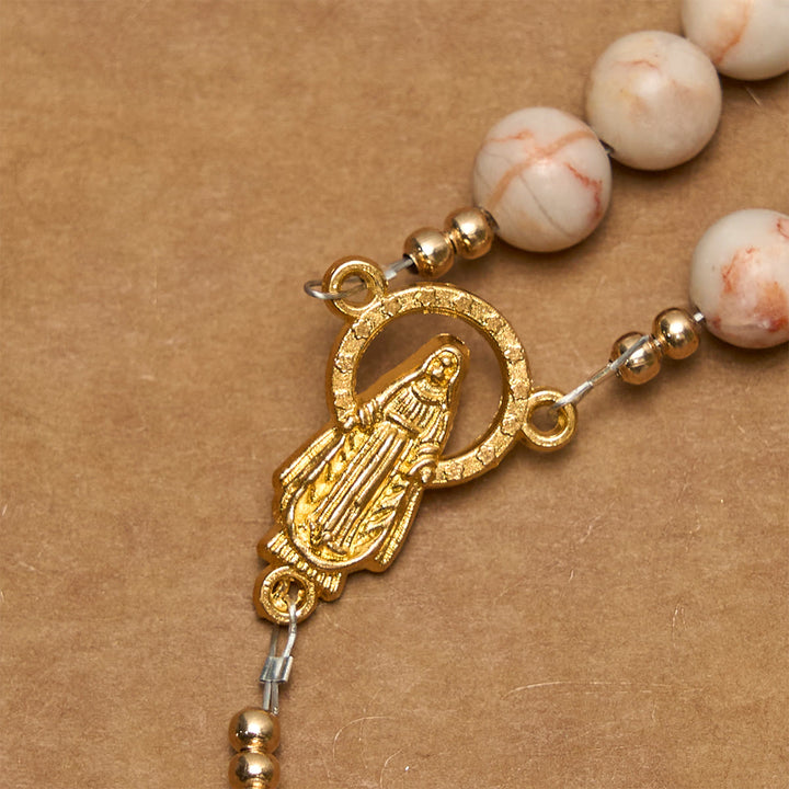 Christianartworkshop Matte Pink Zebra Jasper and Pearl Rosary with Miraculous Medal and Crucifix
